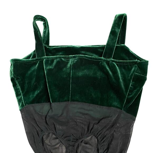 Geneva Vintage Tank Bodysuit Dark Green Velvet Mesh Thong Rhinestone Women's S - Picture 5 of 8